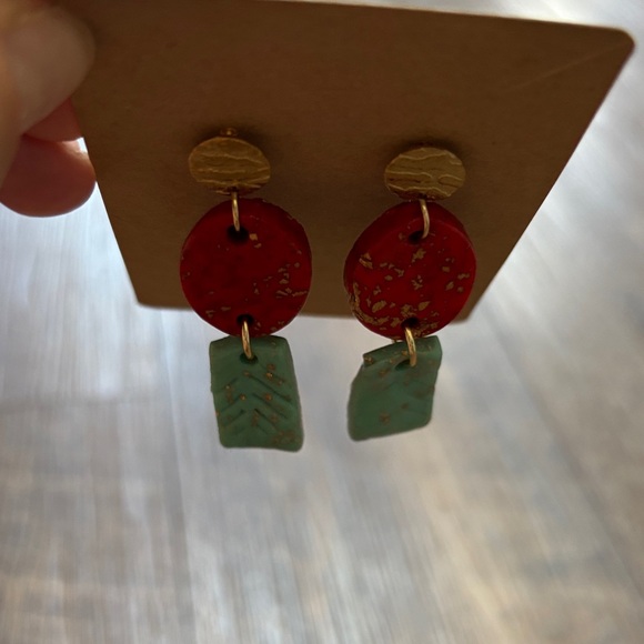 Handmade Red and Turquoise Polymer Clay Drop Earrings with Gold Accents - Picture 3 of 4